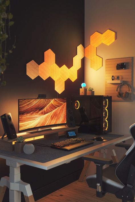 Sleek Workplace Setup with Nanoleaf Elements Wood Look Hexagon Light Panels Nanoleaf Designs, Gaming Desk Setup, Best Gaming Setup, Sleek Desk, Light Panels, Desktop Setup, Man Room, Casa Container, Desk Decoration