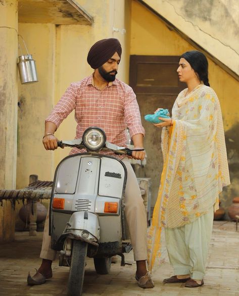 Bajaj chetak ammy virk nimrat khaira Bajaj Chetak, Punjabi Lyrics, Blue Mustang, Nimrat Khaira, Ammy Virk, Romantic Couple Images, Punjabi Couple, Punjabi Outfits, Man Photography