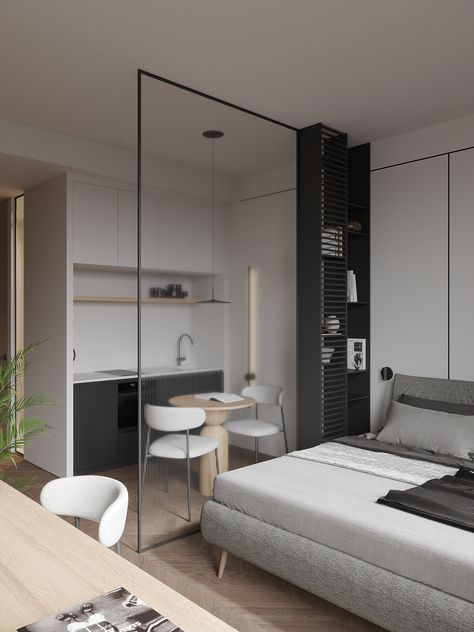 VANDER_P :: Behance Mini Studio Apartment Small Spaces, Tiny Studio Apartments, Mini Apartments, Studio Apartment Living, Micro Apartment, Hotel Room Design, Tiny Apartments, Small Apartment Design, Small Space Design