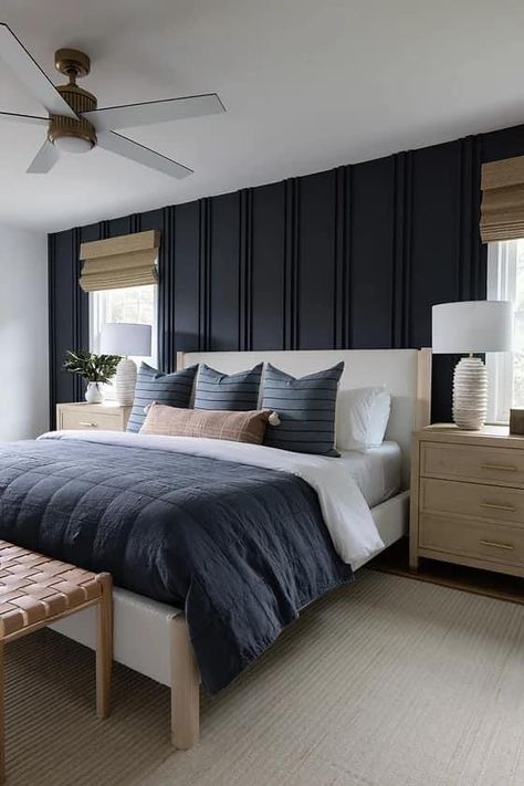 Black Navy Bedroom, Accent Wall With 2 Windows Bedroom, Accent Wall With 2 Windows, California King Bedroom Ideas, Navy Accent Wall Bedroom, Navy Blue Accent Wall Bedroom, Blue Wall Bedroom, Blue Feature Wall Bedroom, Blue Accent Walls