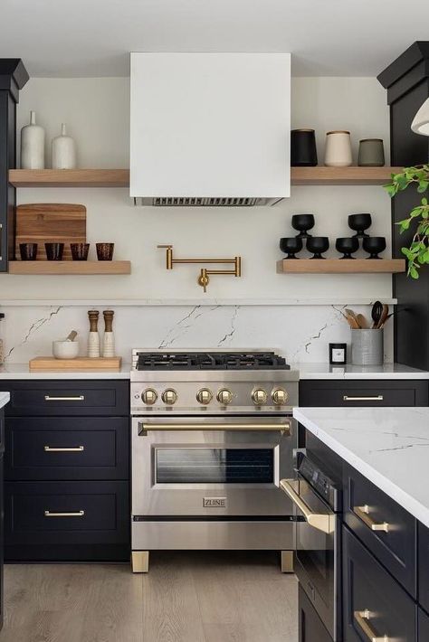 ZLINE's beauty and functionality create a kitchen that's so inviting, you'll never want to leave!🤩  📸 via Instagram: @ thechristinahall  Tap to explore ZLINE savings of up to 35% off! White Kitchen Gold Hardware Black Stainless Steel Appliances, Black Stainless Steel Kitchen Gold Hardware, Black And Brass Stove, Cafe Appliances Matte White, Matte White Kitchen, Black And Gold Oven Range, Black And Gold Stove Range, Zline Appliances, Cafe Appliances