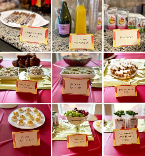 Harry Potter Sandwiches Food Ideas, Food For Harry Potter Theme Party, Harry Potter Party Appetizers, Gryffindor Food Ideas, Harry Potter Themed Birthday Party Food, Harry Potter Themed Meals, Gryffindor Themed Snacks, Easy Harry Potter Food Ideas, Food For Harry Potter Party