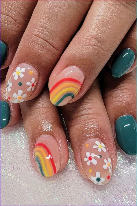 Simple Gel Acrylic Nails, Rainbow On Nails, Short Nail Designs Rainbow, Fun Rainbow Nails, Retro Rainbow Nails, Simple Design Summer Nails, Prek Teacher Nails, Fun Nail Inspo Short, Rainbow Inspired Nails