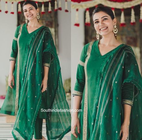 For an event, Samantha Akkineni dolled up in a simple yet elegant mango green salwar suit by label Deep Thee. With her hair tied back in a ponytail, the actress finished off her look with a pair of polki chandbalis and minimal makeup! Plain Kurti, Samantha Akkineni, Eyes Photo, Ethnic Suit, Salwar Designs, Indian Designer Outfits, Indian Attire, Salwar Suit, Down South