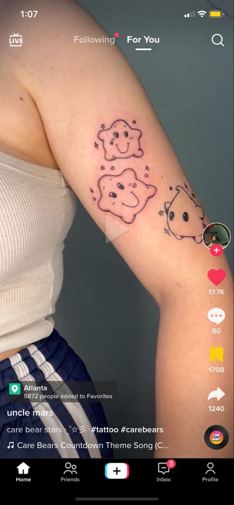 Carebear Star Tattoo, Care Bear Star Tattoo, Cheer Bear Tattoo, Small Care Bear Tattoo, Wish Bear Tattoo, Care Bears Tattoo Ideas, Care Bear Tattoo, Tattoo Baddie, Care Bear Tattoos