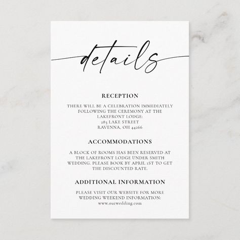 The Details Card Wedding, Reception Details Card, Minimalist Details, Wedding Details Card, Random Ideas, Wedding Idea, Wedding Weekend, Wedding Package, Enclosure Cards