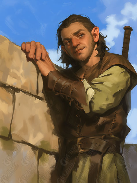 Lerry Glenfellow, Tiller's Guard Scout, Halfling Ranger, Goldenfields, Storm King's Thunder Swarmkeeper Ranger Dnd, Halfling Aesthetic, Dnd Guard, Halfling Rpg, Halfling Cleric, Halfling Character Art, Halfling Dnd, Halfling Fighter, Halfling Male