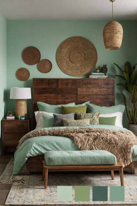 Discover how strategically using color blocking in your bedroom can create distinct zones, optimizing space and style effortlessly. #ad     #Colortrend #wallpaint2024  #color2024  #DIYpainting  ##DIYhomedecor  #Fixhome Sherwin Williams Halcyon Green, Paint Colors 2024, Dark Boho Living Room, Colors For 2024, Solid Wood Kitchen Cabinets, Halloween Bedroom Decor, Modern Boho Bedroom, Purple Heart Wood, Beige Color Palette