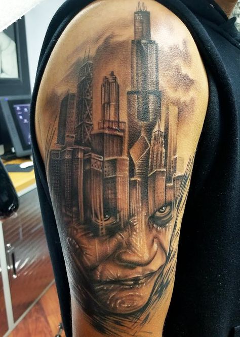 Chicago Skyline Tattoo Men, Chicago Sleeve Tattoo, Chicago Themed Tattoos, Chicago Tattoo Ideas Men, Chicago Tattoo Ideas, Chicago Skyline Tattoo, African American Tattoos, Best 3d Tattoos, 2024 Tattoo