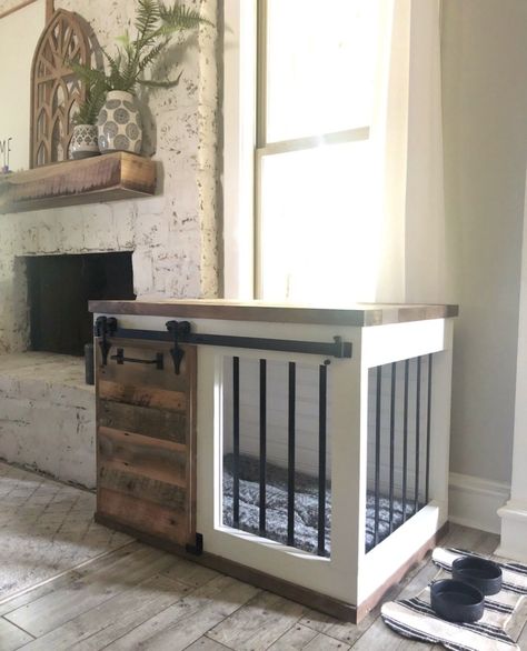 DIY Barn Door Dog Crate - Shanty 2 Chic Doggy Doors, Kennel Business, Dog Crate End Table, Dog Crate Table, Crate End Tables, Diy Dog Crate, Dog Kennel Furniture, Diy Dog Kennel, Crate Furniture Diy