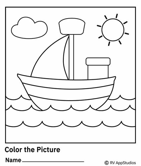 Coloring Picture worksheets are fun for kids. This beautiful boat coloring worksheet pdf is FREE to download and print. Kindergartners and preschoolers will enjoy coloring boat sailing in the sea. #practicedrawing #learning #ColoringForGrownUps #dailylearning #childlearning #coloringfun #rvappstudios Transportation Preschool Activities, Word Puzzles For Kids, Kindergarten Math Worksheets Addition, Shape Worksheets For Preschool, Coloring Pictures For Kids, Shape Tracing Worksheets, Educational Apps For Kids, Primary Writing, Learning Board