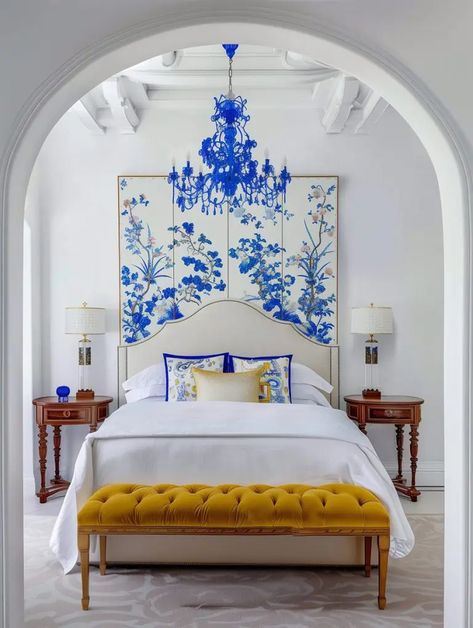 Eclectic Interiors In Blue and Mustard Yellow - ¡Colour Your Casa! Bedrooms Decorations, Blue Apartment, Chinoiserie Christmas, St Raphael, French Country Bedrooms, Never Be The Same, Eclectic Interior, Blue Bedroom, Beautiful Bedrooms