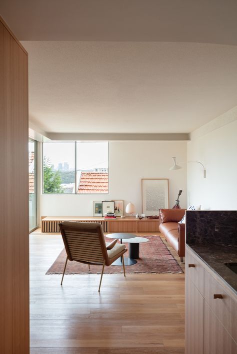 Low Ceiling Apartment, Red Terrazzo, Brick Apartment, Minimal Apartment, Sliding Wall, Australian Architecture, Living Room Ceiling, Low Ceiling, Apartment Interior