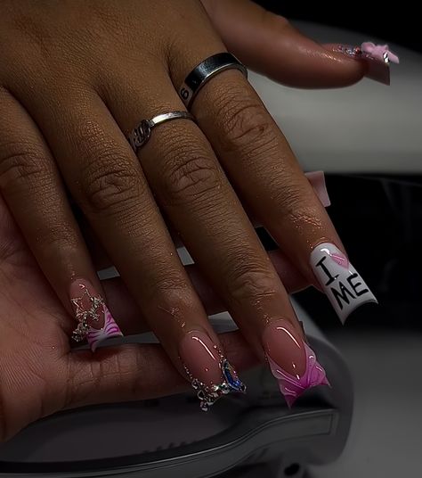 Baddie Holiday Nails, I Love Me Acrylic Nails, Colorful French Tip Nails With Design, French Tip Duck Nails With Charms, Birthday Nails Inspiration Extra, Valentine Day Nails With Initial, I Heart Nails, Sharp Square Acrylic Nails, Medium Square Valentines Nails