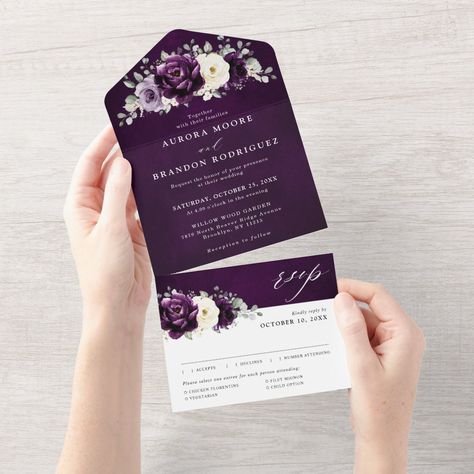 Moody Floral Wedding, Elegant Bouquet, Purple Wedding Invitations, Gold Theme, Dusty Purple, Simple Wedding Invitations, Purple Violet, Botanical Wedding, Eucalyptus Leaves