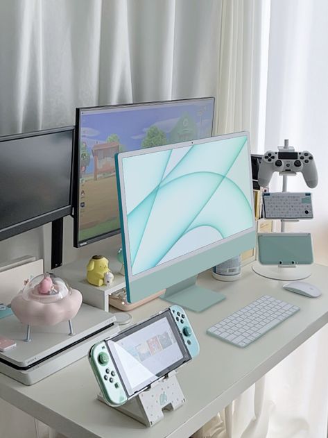 Gaming Setup Imac, Green Imac Desk Setup, Imac Desk Setup Aesthetic, Green Imac, Imac Setup, Imac 2021, Imac Desk, Imac Desk Setup, Blue Desk