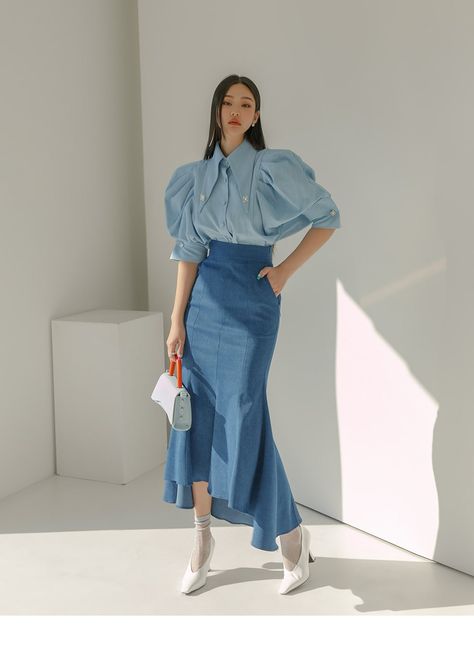 Denim Elegant Outfit, Denim Classy Outfit, Dint Korean Clothing, Whole Denim Outfit, Skirt With Blouse Outfit, Skirt Models Ideas, K Drama Fashion Women, Denim Formal Outfit, Korean Drama Outfits Style