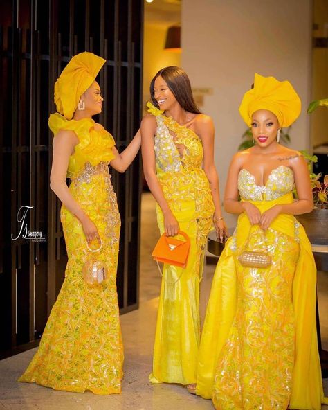 Dripping beauties in yellow, skin so perfect, asoebi styles looking modern and classy. Owambe is not complete without squad goals.   Check out our page for exquisite and glamourous asoebi styles. Yellow Asoebi, Kente Dresses, Aso Ebi Lace Styles, African Lace Styles, Lace Gown Styles, Afrikaanse Mode, Lace Dress Styles, African Wedding Dress, African Lace Dresses