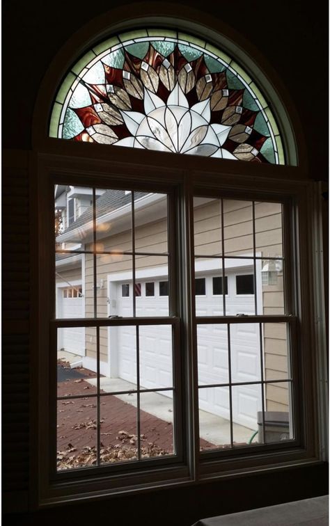 Half Moon Window Ideas, Half Moon Stained Glass Window, Stained Glass Arch, Half Circle Window, Half Moon Window, Tiffany Stained Glass Windows, Arched Window Treatments, Arch Doorway, Round Window