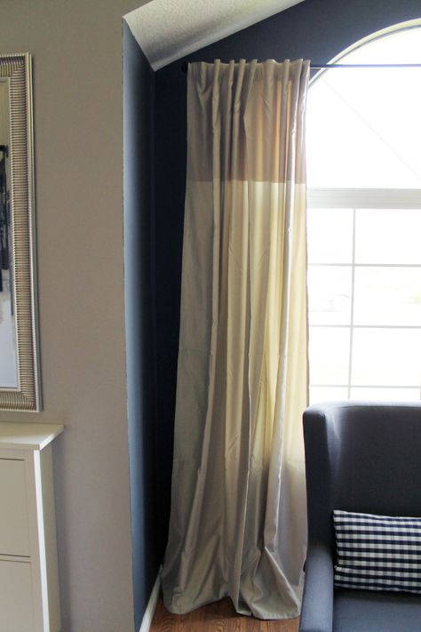 Where To Put Curtains On A Window That has An Arch - Chris Loves Julia Bedroom With Arched Window, Curtains On Arched Windows, Window Treatments For Arched Windows, Rounded Window Curtains, Tall Window Treatments, Arched Window Coverings, Curtains For Arched Windows, Tall Curtains, Curved Curtain Rods