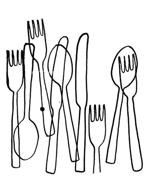 C U T L E R Y Kitchen Utensils Drawing, Kitchen Utensils Illustration, Mats Gustafson, Visuell Identitet, Contour Drawing, Illustration Food, Food Drawing, Art And Illustration, Food Illustrations