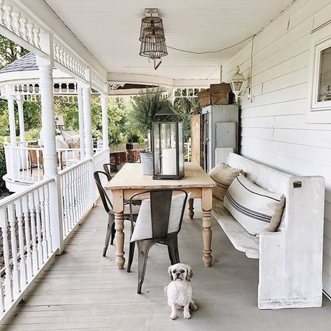 Front Porch Lights – Let’s Decide Together Modern Farmhouse Porch Decor, Modern Farmhouse Porch, Farmhouse Porch Decor, Front Porch Lighting, Church Pews, Spring Porch Decor, Porch Life, Cottage Porch, Liz Marie