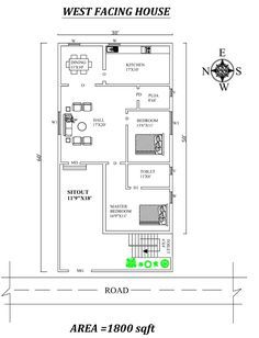 Autocad Drawing file shows 30'X60' Marvelous 2bhk West facing House Plan As Per Vastu Shastra. The total buildup area of this house is 1800 sqft. The kitchen is in the Southeast direction. The Dining is in the northeast. The puja room is in the south. The Hall is Placed in the Northeast direction of the house. The master bedroom is available in the southwest direction with the attached toilet available in the south direction. kid's bedroom is in the south direction. A staircase is available on 30×60 West Facing House Plan, 30x60 House Plans West Facing, West Facing House Plans Vastu 2bhk, West Face House Plan Vastu, West Facing House Plans Vastu, West Facing House Plan, Plot Map, House Vastu, Flat Plan