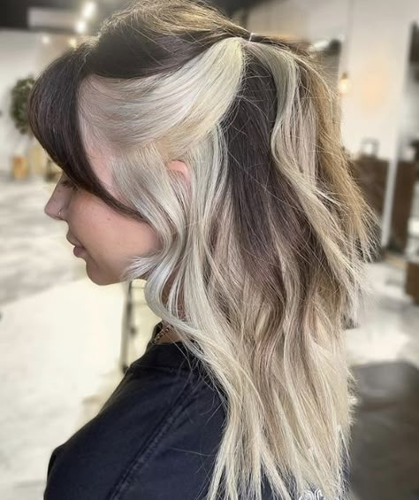 Best 30 Block Dyed Hair You'll Want to Copy Immediately. #blockdyedhair #blockdyedhairshort #blockdyedhaircurly #blockdyedhairblonde Half Peekaboo Hair, Straight Brown Hair Styles, Brown With Blonde Hair Underneath, Brown And Blonde Hairstyles, Narcissa Inspired Hair, Brown And Blond Hair Underneath, Blonde Underlayer Hair, Peekaboo Hair Color Brunettes Blondes, Blonde On The Bottom Hair