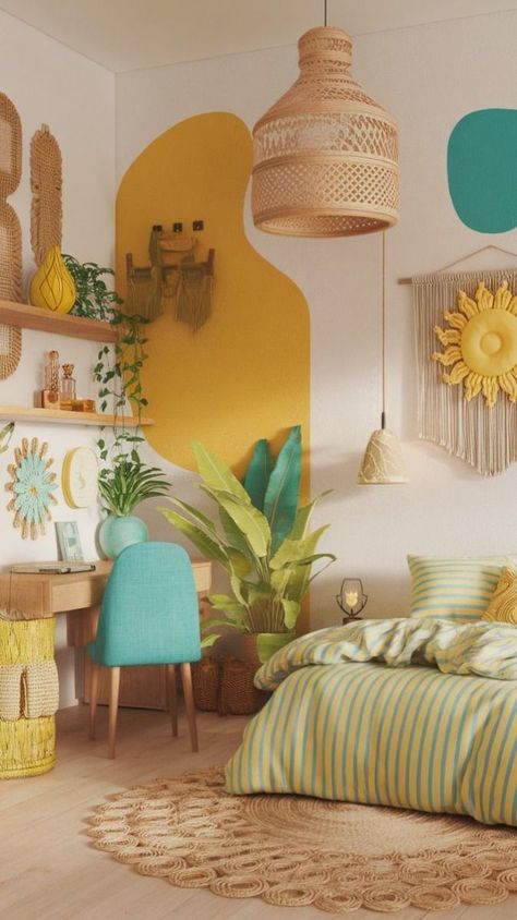 Yellow Room Accents, Boho Themed Room Ideas, Yellow Color Interior Design, Boho Theme Interior, Yellow In Interior Design, Aqua And Yellow Bedroom, Bright Colourful Bedroom Ideas, Yellow Girls Bedroom Ideas, Yellow Teenage Girl Bedroom