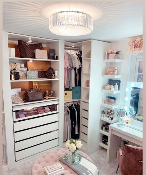 Closet Vanity Ideas, Vanity Closet Ideas, Closet With Vanity, Blush Pink Chair, Dream Dressing Room, Closet Small Bedroom, Closet Vanity, Dressing Room Closet, Ikea Closet