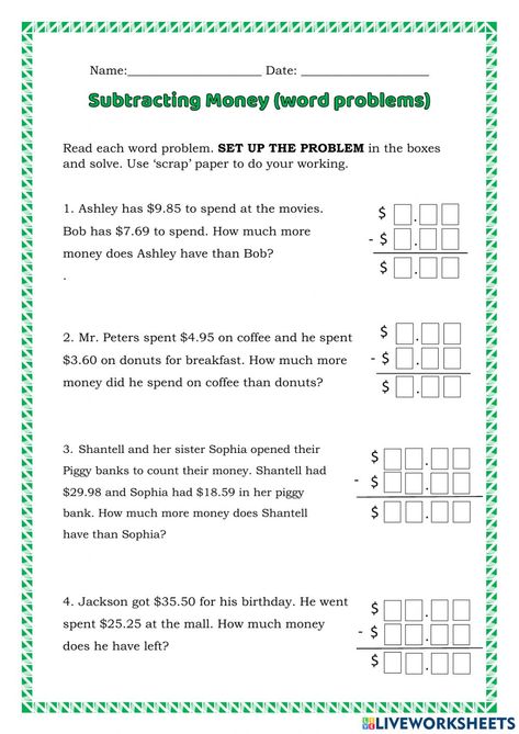 Money Word Problems, Counting Coins, Subtraction Word Problems, Math Interactive, Equivalent Fractions, Word Problem Worksheets, Number Words, School Subjects, Word Problems