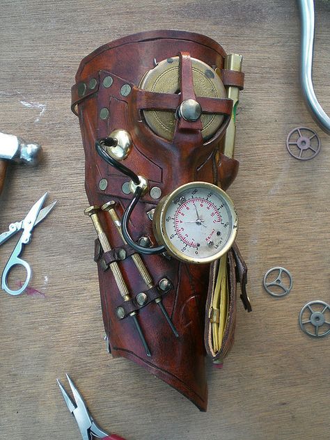 Steampunk bracer leather brass gauge tools...a custom work, but good for inspiration Airship Captain, Moda Steampunk, Steampunk Gadgets, Mode Steampunk, Steampunk Leather, Steampunk Decor, Style Steampunk, Steampunk Wedding, Steampunk Gears