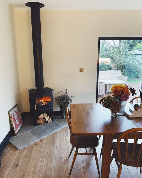 Log Burner In Corner, Victorian Terrace Interior, Corner Stove, Wood Burner Fireplace, Garden Room Extensions, Room Extensions, Kitchen Wood, Wood Dining Room, Corner Fireplace