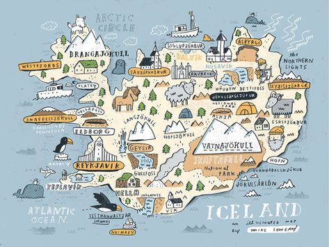 Cute map of cute country. Map illustration of Iceland Mike Lowery, Map Of Iceland, Iceland Map, Iceland Vacation, Iceland Adventures, Iceland Trip, Illustrated Maps, Travel Iceland, Voyage Europe