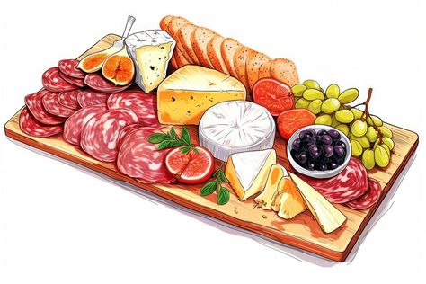 Cheese Board Drawing, Cheese Drawing, Sausage Bread, Baked Camembert, Board Background, Food Drawings, Brunch Food, Board Charcuterie, Food Illustration Art