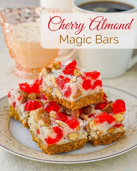 Cherry Almond Magic Bars. One of the easiest cookie bar recipe of all time gets a festive flavour twist with glacé cherries and tasty toasted almonds. Cookie Bars Easy, Cherry Bars, Magic Bars, Rock Recipes, Dessert Bar Recipe, Peanut Butter Cake, Homemade Peanut Butter, Cherry Almond, Cherry Recipes