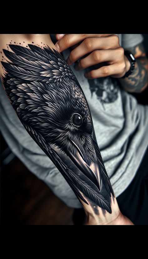 A raven tattoo symbolizes mystery, transformation, intelligence, and new beginnings, reflecting love, loyalty, and devotion. Placement on the body is influenced by size, style, and personal meaning. Raven Sleeve Tattoo, Raven Tattoo Meaning, Raven Tattoos, Swan Tattoo, Tattoos Meaning, Raven Tattoo, Tattoo Placement, Sleeve Tattoo, New Beginnings