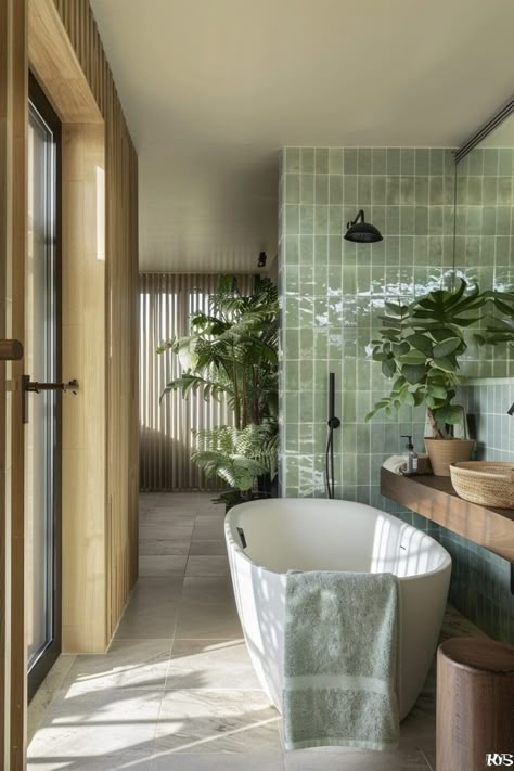 25 Green Bathroom Ideas That Will Actually Make You Want to Brush Your Teeth Moss Green Tile Bathroom, Teal Green Bathroom Ideas, Small Bathroom Ideas Sage Green, Natural Organic Bathroom, Green Bathtub Bathroom Ideas, White And Green Bathroom Ideas, Green Coastal Bathroom, Spa Feel Bathroom, Green Accent Bathroom