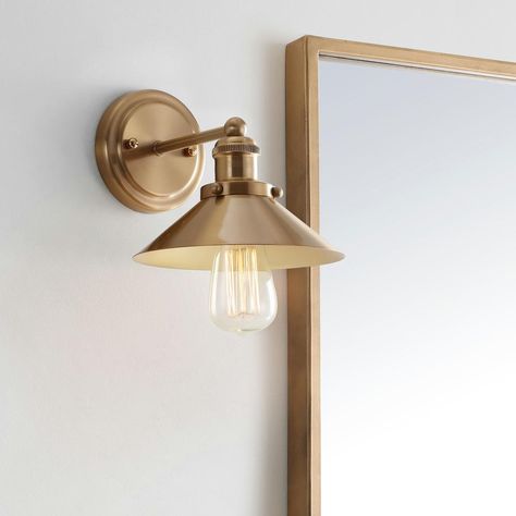 $50 JONATHAN Y August 7.75 in. Metal Shade Brass Gold Sconce-JYL7429A - The Home Depot Modern Industrial Bathroom, Industrial Bathroom Lighting, Integrated Lighting, Bath Lighting, Gold Fixtures, Cool Floor Lamps, Decorative Lighting, Barn Lighting, Bathroom Wall Lights