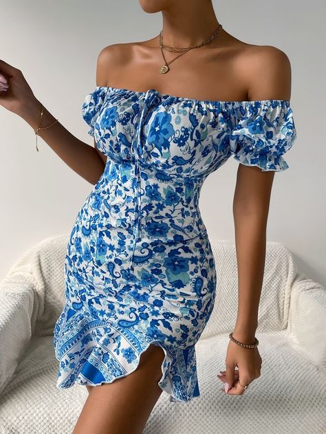 Free Returns ✓ Free Shipping✓. Off The Shoulder Tie Front Floral Print Ruffle Hem Dress- undefined at SHEIN. Floral Short Dresses, Blue Flowery Dress, White Summer Top, Flowery Dress, White Summer Tops, Flowery Dresses, Boho Summer Outfits, Floral Dresses Short, Summer Boho