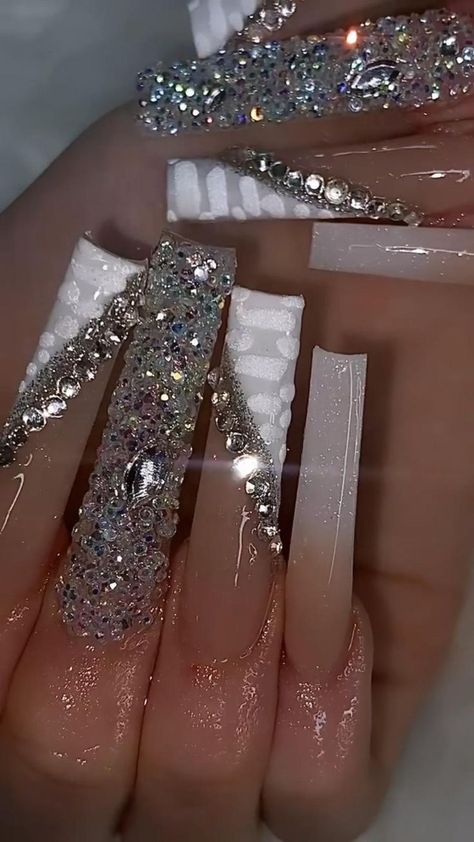 Pin on nail references Nail Designs Bling, Long Acrylic Nail Designs, Baddie Nails, Colored Acrylic Nails, Nails Design With Rhinestones, White Acrylic Nails, Glow Nails, Long Acrylic Nails Coffin, Acrylic Nails Coffin Pink