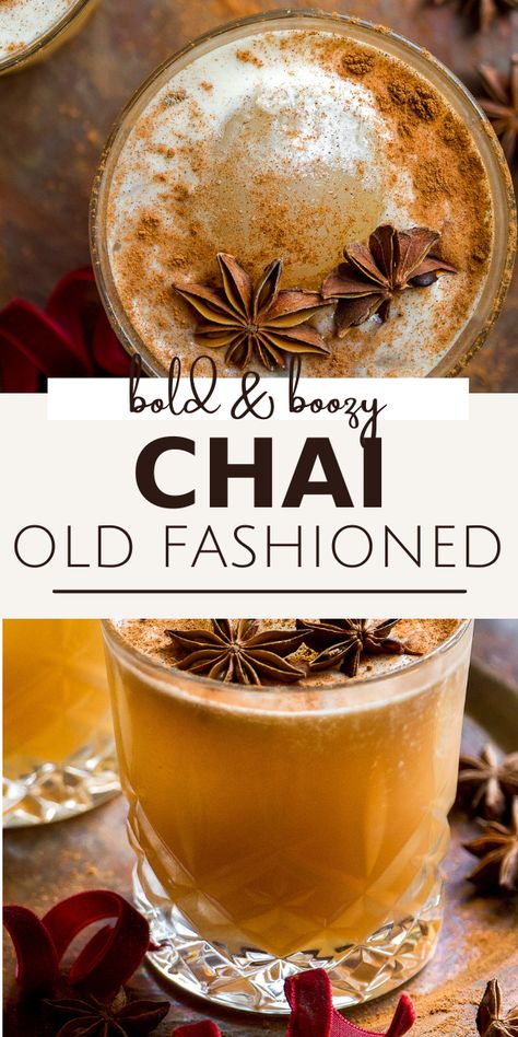 Spice up your cocktail game with this boozy chai old fashioned! It's boldly flavored with warm spices and hints of orange and ginger in every sip. This chai cocktail puts a twist on the classic old fashioned that you won't want to forget! Chai Tea Cocktail Recipes, Chai Old Fashioned, Chai Tea Cocktail, Chai Cocktail, Spiced Rum Recipes, Homemade Chai Tea, Classic Old Fashioned, Old Fashioned Drink, Cinnamon Chai