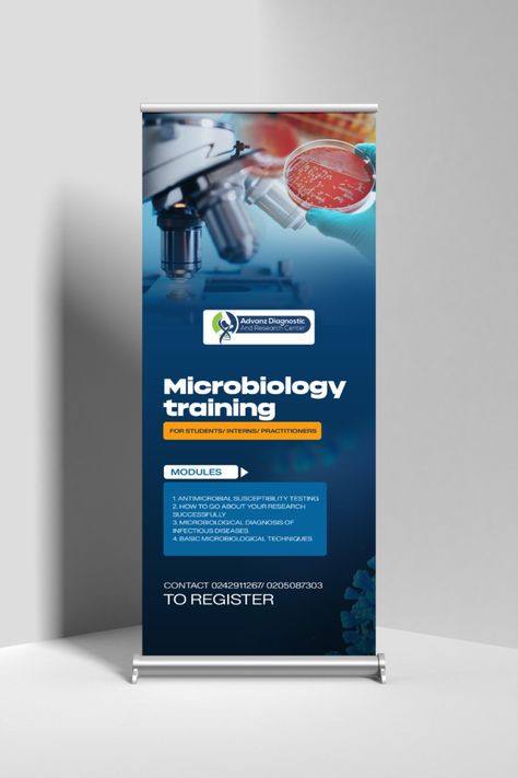 Microbiology training program for students. #laboratory #microbiology Training Poster Design, Laboratory Poster, Medical Poster Design, Tiktok Facts, Diy Banners, Pull Up Banner Design, Exhibition Banners, Art Flyer, Rollup Banner Design