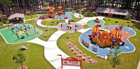 Civitan Smiles Park at Kiroli - Circus-Themed Inclusive Playground Epdm Playground, School Elevation, Cheap Garden Ideas, Themed Playground, Inclusive Playground, Modern Playground, Playgrounds Architecture, Monroe Louisiana, Play Park