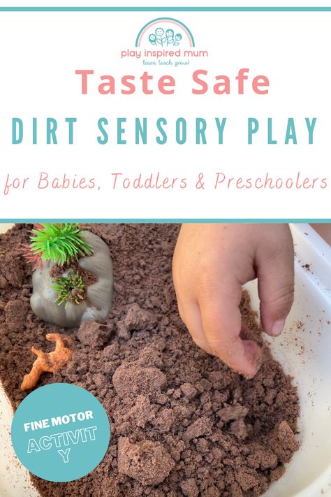 Toddlers had reaching for taste safe dirt with plastic tress, rocks and dinosaurs in plastic tub Taste Safe Dirt Sensory Bin, Infant Edible Sensory, How To Make Fake Dirt, Infant Safe Sensory Play, Nature Messy Play, Edible Dirt Sensory, Food Messy Play, Messy Play Party Ideas, Taste Safe Messy Play