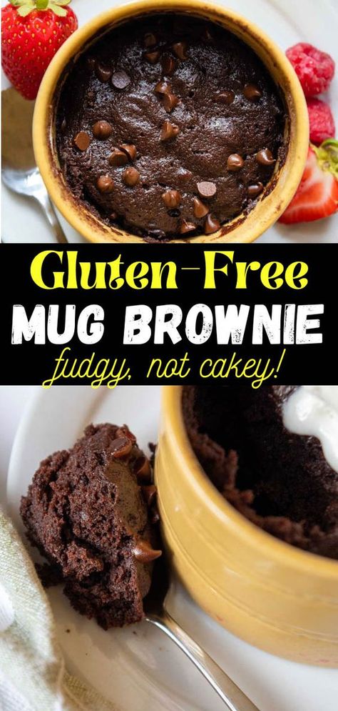 Enjoy an amazing GF chocolate dessert in only one minute! This gluten-free mug brownie recipe has the perfect balance of texture – rich and fudgy without being undercooked and goopy. Discover many easy tricks right here, along with versatile options for egg-free, vegan, dairy-free, or cakey single-serving dessert! Microwave Gluten Free Dessert, Gluten Free Cookie In A Mug, Gluten Free Brownie In A Mug, Mamagourmand Recipes, Mug Brownie Recipe, Mug Brownie Recipes, Gluten Free Mug Cake, Mug Brownie, Gluten Free Brownies Recipe