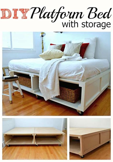 A DIY platform bed frame with tons of storage for a small bedroom. Bed Frame With Storage Plans, Diy Queen Bed Frame, Diy Queen Bed, Diy Platform Bed Plans, Queen Bed Frame With Storage, Diy Platform Bed Frame, Queen Bed Frame Diy, Diy Bed Frame Easy, Platform Bed Plans