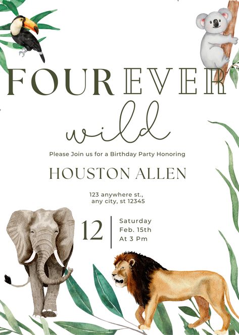 Fourth Birthday Party Theme, 4ever Wild Birthday, 4 Ever Wild Birthday Party, Four Ever Wild Birthday Boy, Safari Fourth Birthday, 4 Ever Young Party Theme Boy, Fourth Birthday Boy Theme, Four Ever Wild Birthday Invitations, Jungle Theme Birthday Party Invite