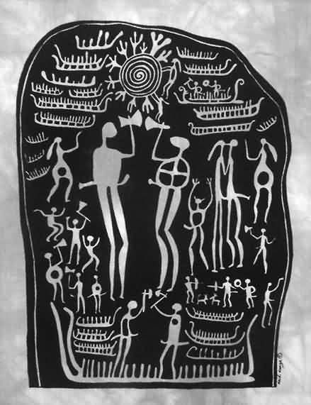 pre-viking from petroglyph scandinavia/boats, sun symbols, male and female warriors, animals, female and male kissing. swords and axes, spiral/done in batik by heidi lange Sun Symbols, Petroglyphs Art, Paleolithic Art, Ancient Scripts, Female Warriors, 달력 디자인, Cave Art, Prehistoric Art, Art Premier