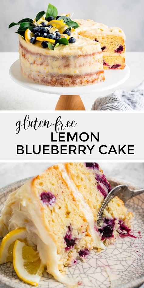 This super-moist gluten-free lemon blueberry cake has a tender crumb that bursts with lemon flavor, with juicy blueberries studded throughout. Topped with a tart lemony cream cheese frosting, this cake is an instant classic! Gluten Free Lemon Blueberry Cake, Lemon Blueberry Layer Cake, Gf Cooking, Gluten Free Birthday Cake, Lemon Blueberry Cake, Gluten Free Cake Recipe, Blueberry Cake Recipes, Blueberry Compote, Lemon Buttercream